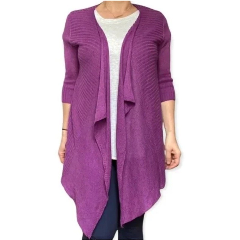 XL Eileen Fisher Purple Linen Silk Blend Open Front Waterfall Drape Cardigan