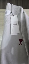 ami White Knit Sweater Embroidered Heart Men Crew Neck Long Sleeve