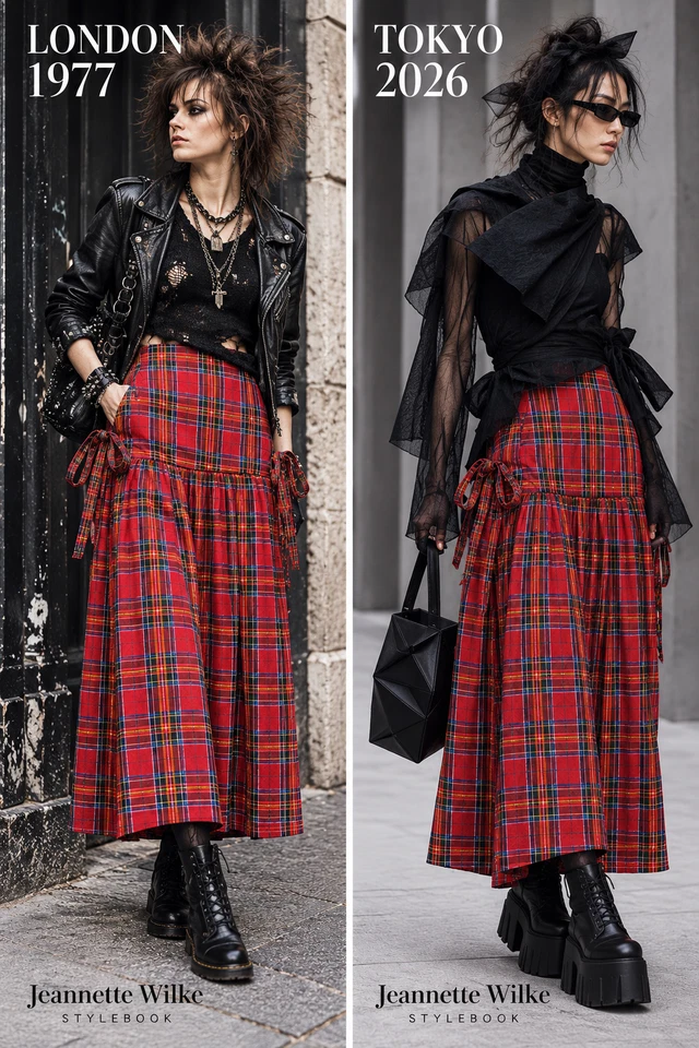Vintage Schottenrock 70er Tartan Wolle Rock Maxi XS Karo Rot Punk Rafftaschen - Bild 3 von 4