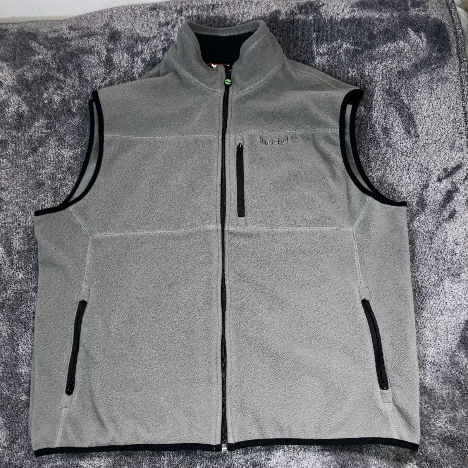 Timberland Fleece Vest Zip Pockets Gray Mens XL Polyester Full Zip Mock Neck
