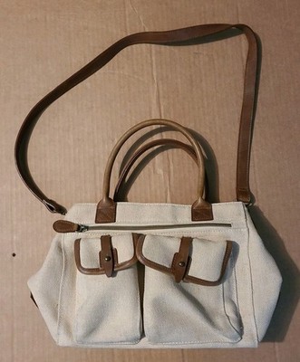 RELIC Satchel Purse Beige Tan CANVAS Brown Trim Detachable Strap Vintage 