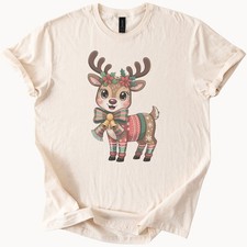 Reindeer Christmas Shirt Cute Deer Holiday Graphic with Bow Antlers Sweater Tee