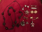 Vintage 12 Mixed Costume Jewelry Lot Brooches Necklace 38” Earrings Push Pin