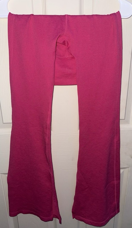Pink Ribbed Knit High Rise Flare Yoga Pants Pull-On Stretch 30" Inseam
