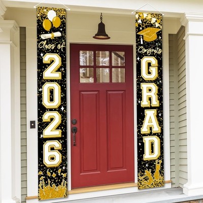 Class of 2026 Graduation Decorations Black and Gold Congrats Porch Sign Banner