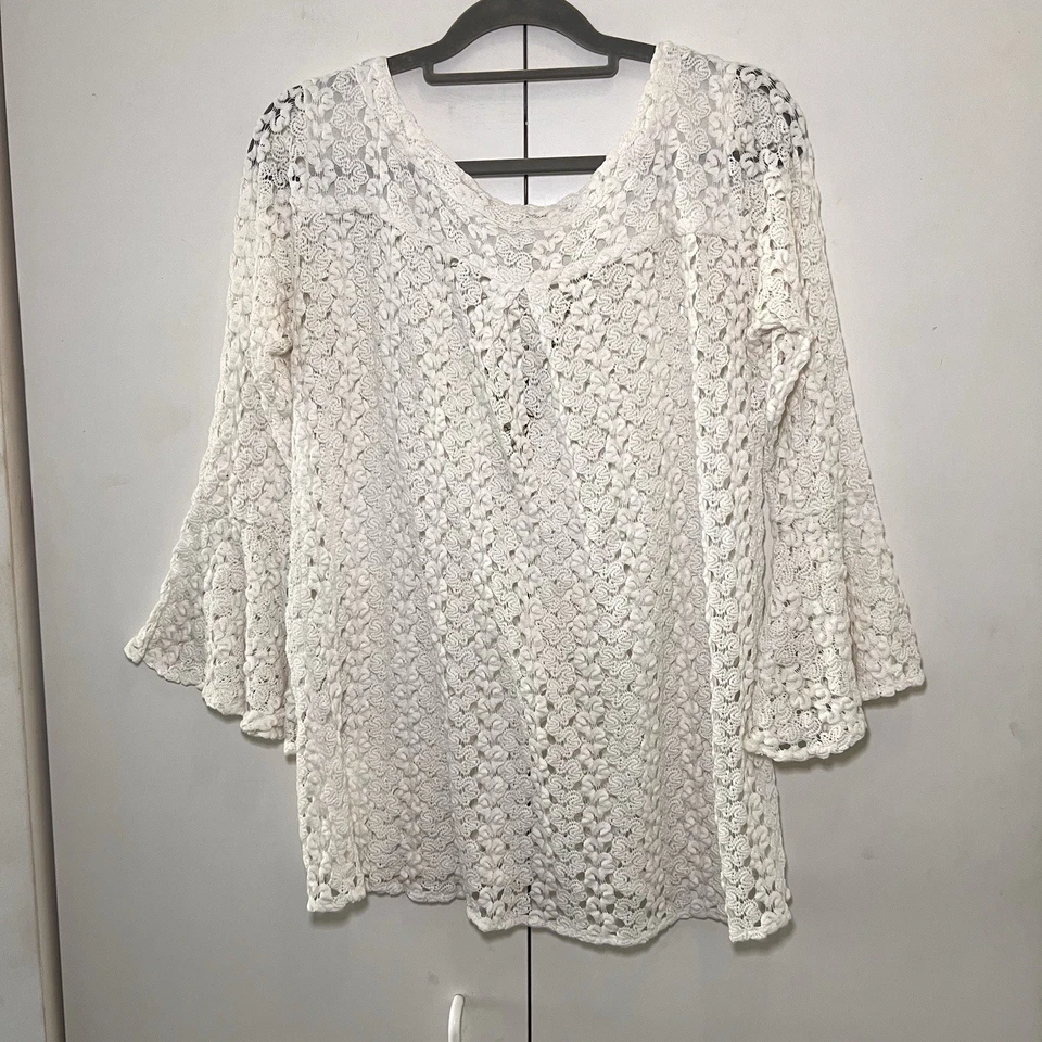 T 包钩针针织上衣女式 XS 白色系带喇叭袖覆盖波西米亚度假村 — 第 2/4 张图片