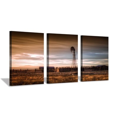 Rustic Landscape Canvas Picture Artwork: Plains Windmill Painting Wall Art Pr...