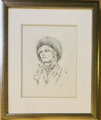 Original Pencil Ink Drawing Woman In Fur Hat Signed Judy Burgarella Framed 23x19