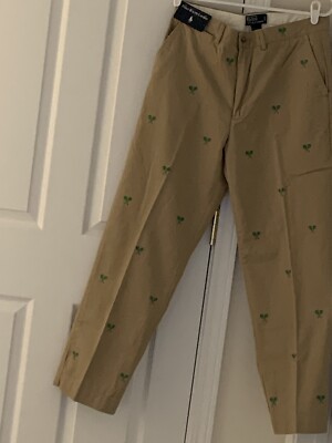 POLO RALPH LAUREN MEN'S KHAKI PANTS 32x30 GREEN TENNIS RACQUETS