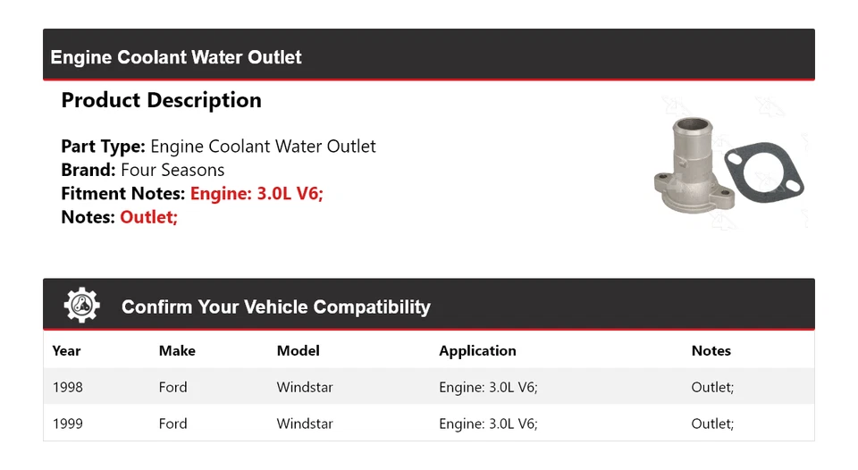 Выпуск охлаждающей жидкости для двигателя V6 1998-1999 Ford Windstar 3,0 л 4 сезона - Изображение 2 из 4