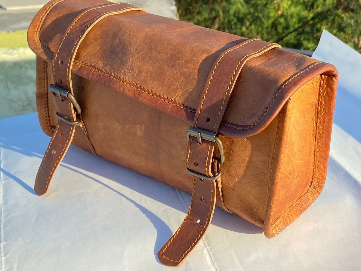 Leather Motorcycle Fork Bag Storage Tool Pouch Brown 10