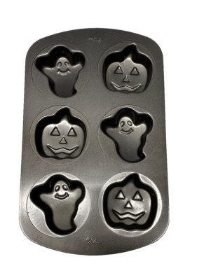 Wilton ️ Mini Cake Halloween Ghost Pumpkin 6 Cavity Baking Pan~USED