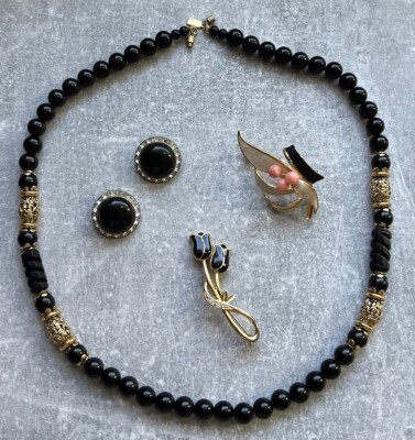 Assorted Jewelry Lot Black Gold 1928 Necklace Coro Earrings 2 Brooches