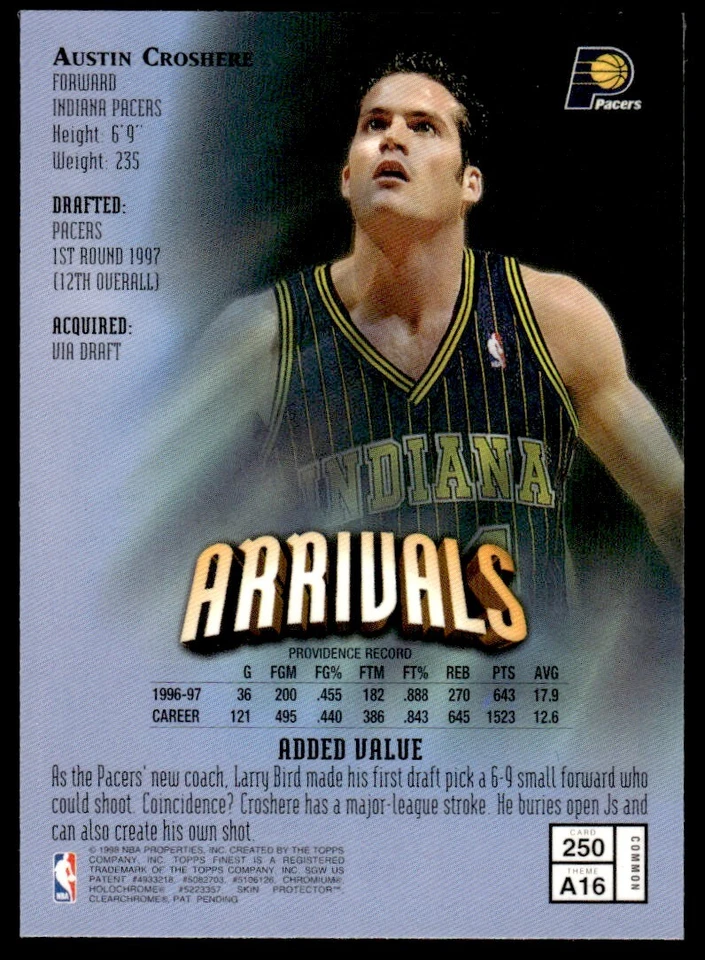 1997-98 Finest Refractors Austin Croshere Indiana Pacers #250 - Image 2 of 2