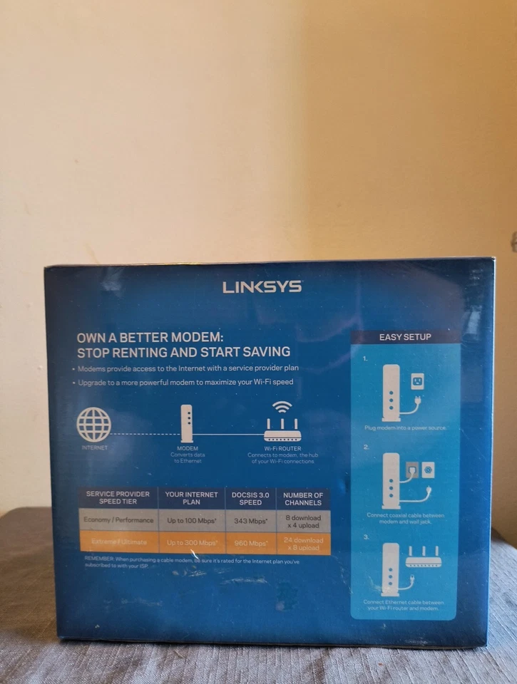 Linksys DOCSIS 3.0 24x8 Cable Modem CM3024 with Coax Cable New In Box - Image 2 of 4