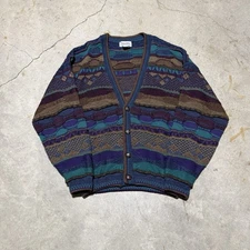 Tosani Vintage 90s 3D Knit Cardigan Vibrant Geometric Coogi-Style Sweater Large
