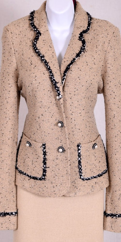ST.JOHN Women's Knit Tweed Beige Black White Trim Pearl Buttons Jacket Sz 12