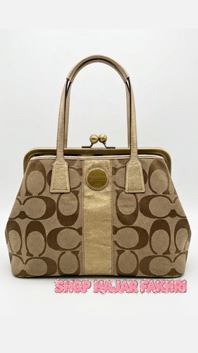 Coach Signature Stripe Framed Kisslock Carryall Gold Metallic Leather F13533