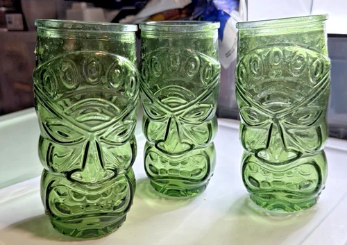 Set of 3 Vintage Anchor Hocking Screaming Tiki Tumblers 6.75" Hawaii Tiki Green