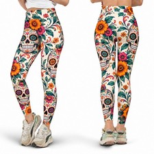 Sugar Skull Floral Leggings, Colorful Skull High Waist Yoga Pants Flare Leggings