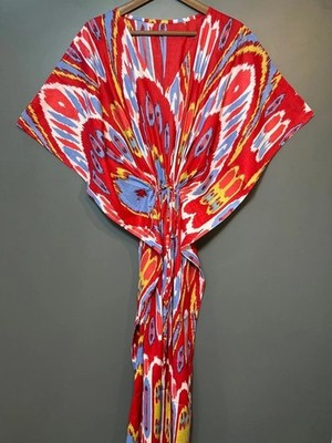 Indisch rot Ikat handgefertigt Baumwolle Kaftan Maxikleid Damenbekleidung...