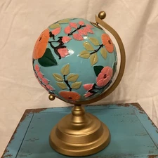 Blue Globe With Orange And Pink Flowers On A Brass Colored Stand  12”
