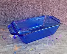 VINTAGE ANCHOR OVENWARE BLUE GLASS LOAF DISH PAN 5.25" x 9" x 2.75" model #1041