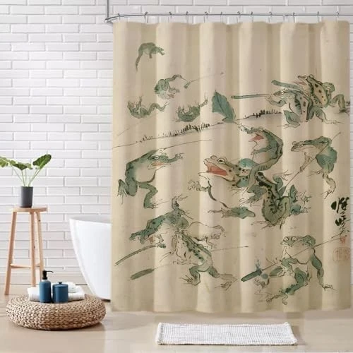 Divertida Cortina de Ducha Rana - Decoración de Baño Retro Japonesa, Impermeable 72x72, 12 Foto 4 de 4