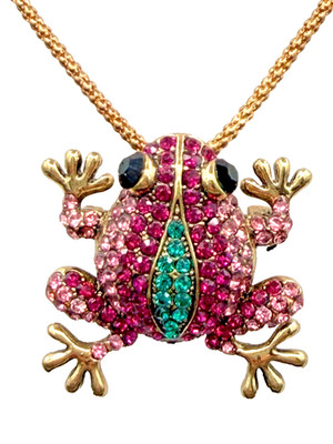 Betsey Johnson Colorful Crystal Frog Pendant/Brooch on Gold Necklace