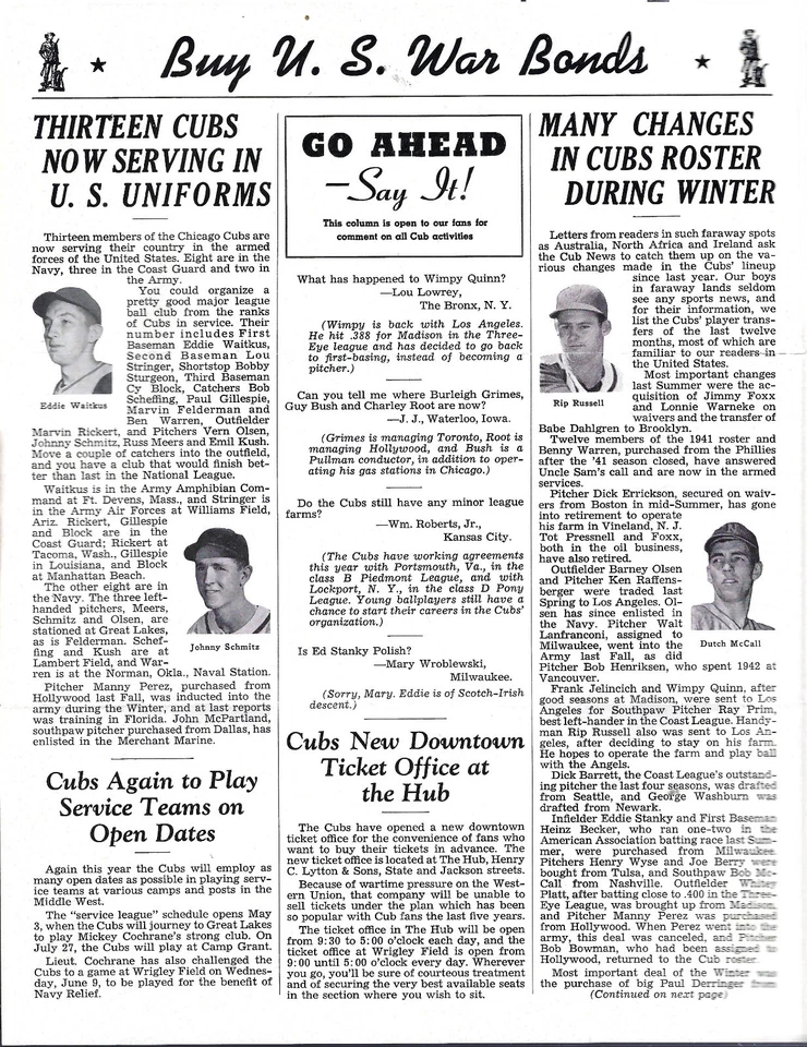 1943 Chicago Cubs News Newsletter 4/21/43 - Warneke Passeau cover - Image 2 of 4