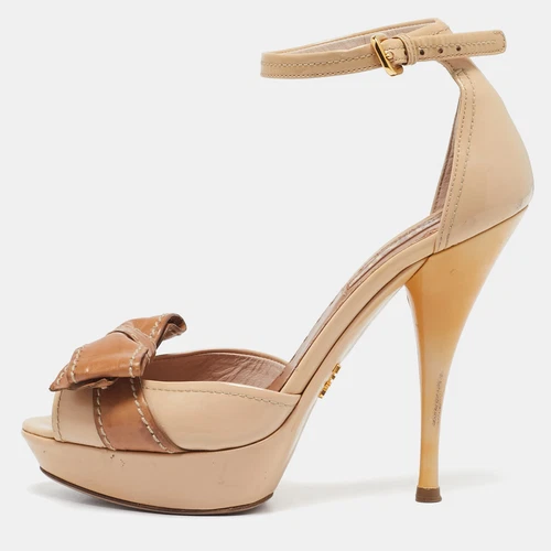 Sandales Prada beige cuir verni nœud bride cheville pointure 37,5
