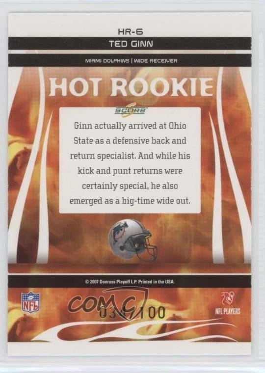 2007 Score Select Hot Rookies Scorecard /100 Ted Ginn Jr Ted Ginn #HR-6 RC - Image 2 of 2