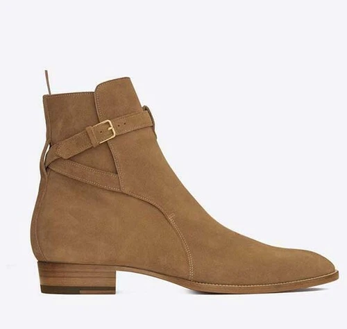 British Men Casual Pointy Toe Buckle Real Leather Suede Ankle Chelsea Boot Shoes - Picture 13 of 17