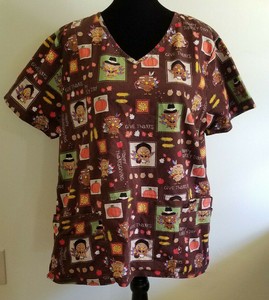 Scrubstar Women's XL THANKSGIVING Scrub Top Turkey Pumpkin ...
