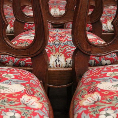 Set of 10 Antique French Oak Dining Chairs with William Morris 'Strawberry Thief - Picture 12 of 20