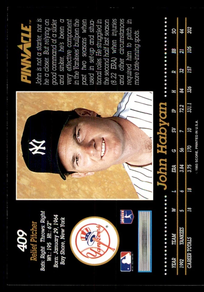 1993 Pinnacle John Habyan New York Yankees #409 - Image 2 of 2