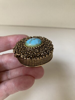 Vintage Max Factor Solid Perfume Compact With Faux Turquoise Cabochon