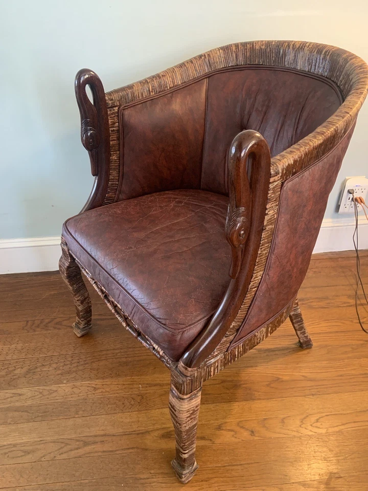 Английский стул со спинкой из красного дерева оригинальный кожаный резной лебедь подлокотник ротанг - Изображение 4 из 4