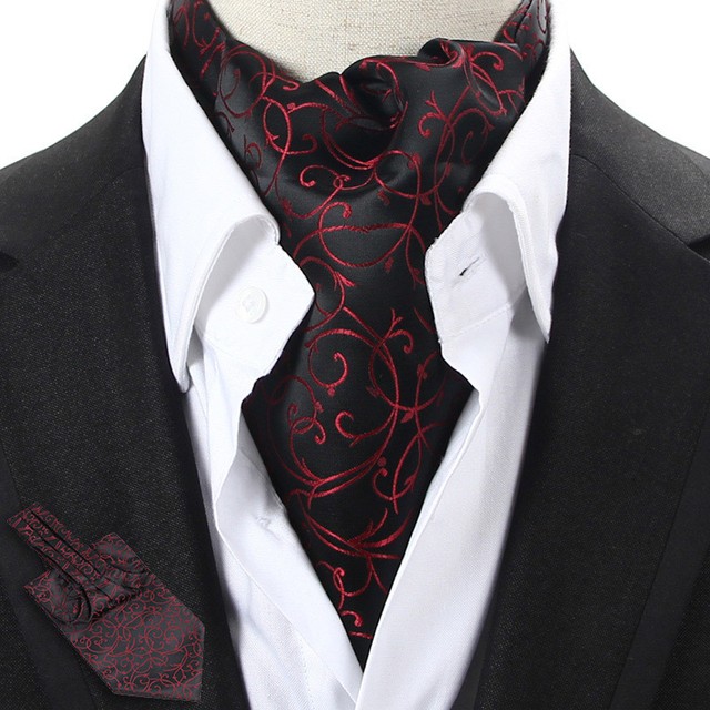 Lj0901 Black / Red Floral Men 100 Silk Ascot Tie Cravat Scarf