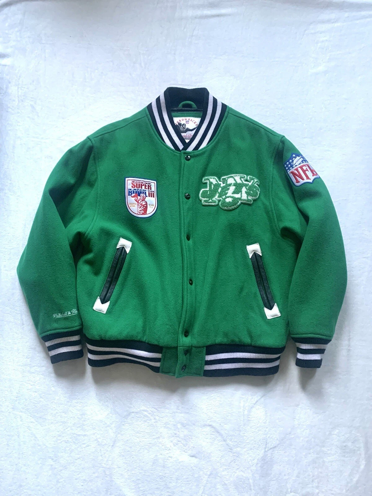 Veste universitaire en laine Jets Mitchel&Ness NFL football bomber manteau NY satin suprême
