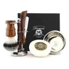 Wooden Shaving Kit with Straight Razor Synthetic Shaving Brush Soap Bowl Stand