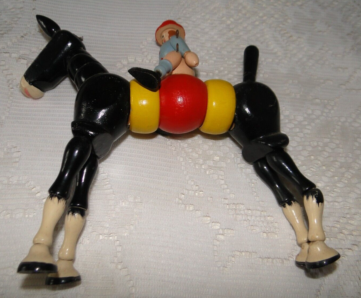 Jouet En Bois à Tirer Vintage - Cavalier Sur Son Cheval - Années 70 - France