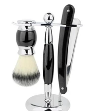 Union Razors SS5 Black 3 Piece Straight Shave Kit with Razor, Brush and Stand
