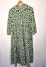 Zara Midi Dress Size S Karen Geometric Green Cream Tiered Cotton