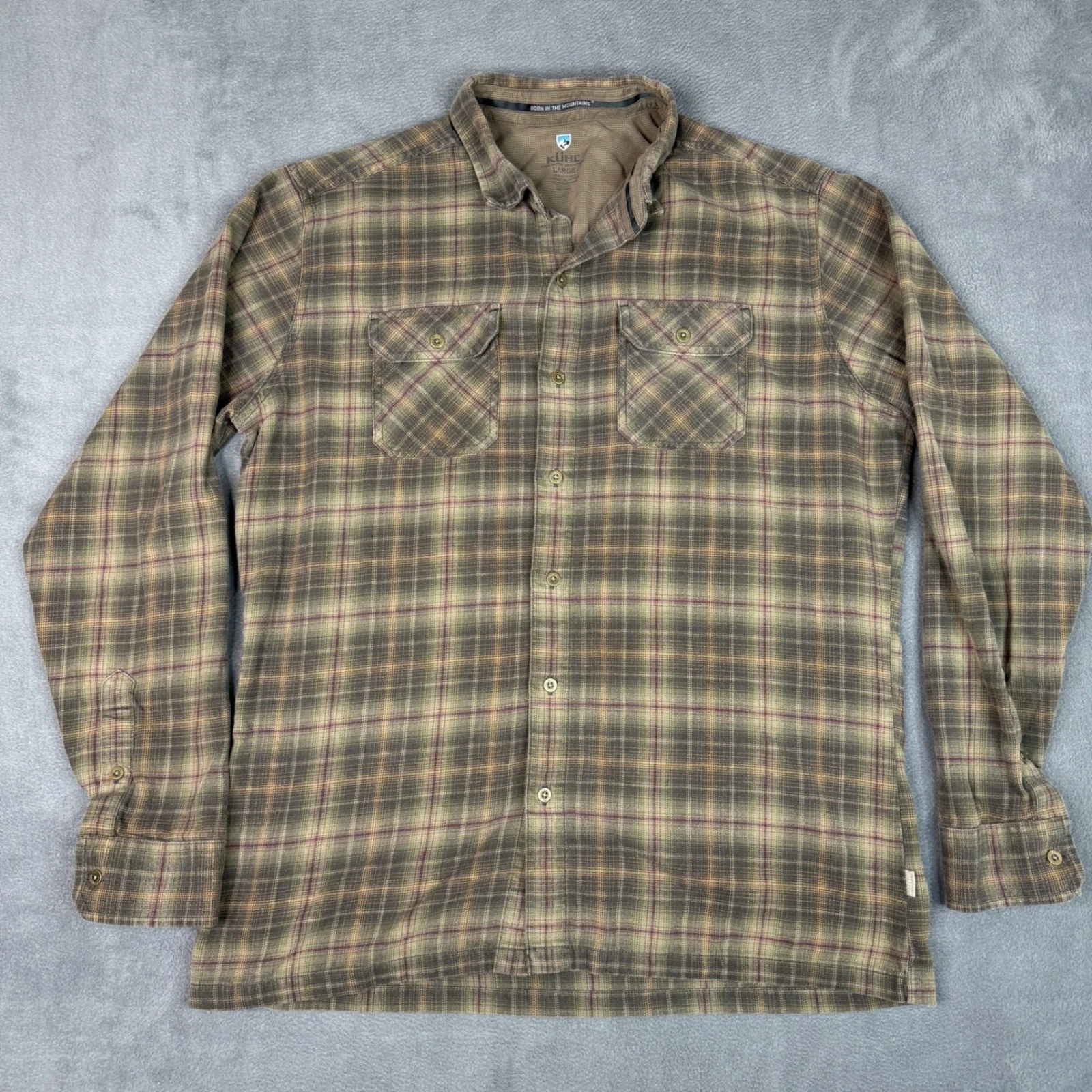 Kuhl Mens Plaid Button Down Shirt Large Brown Olive Long Sleeve Hiking Outdoor