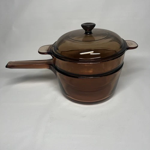 Pyrex Vision Corning Ware AMBER Glass 1.5 L/QT Sauce Pan Pot W/Lid&Double Boiler