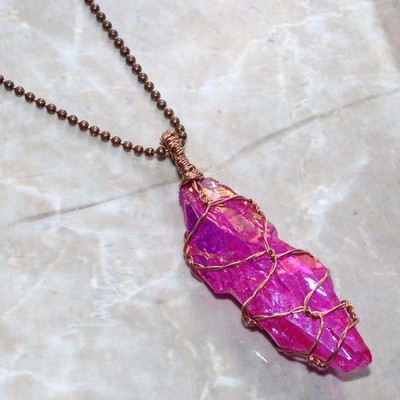 Copper Wire-Wrapped Pink Titanium Aura Quartz Necklace 20'' One of a Kind Gift MJ