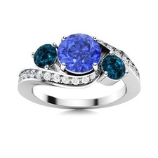 5MM Round Tanzanite  London Blue Topaz Three Stone Ring 925 Sterling Silver
