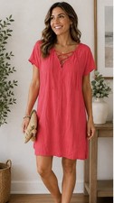 Madewell Pink Solid Shift Dress V-Neck Short Sleeve Lace-Up Tie 100% Viscose M