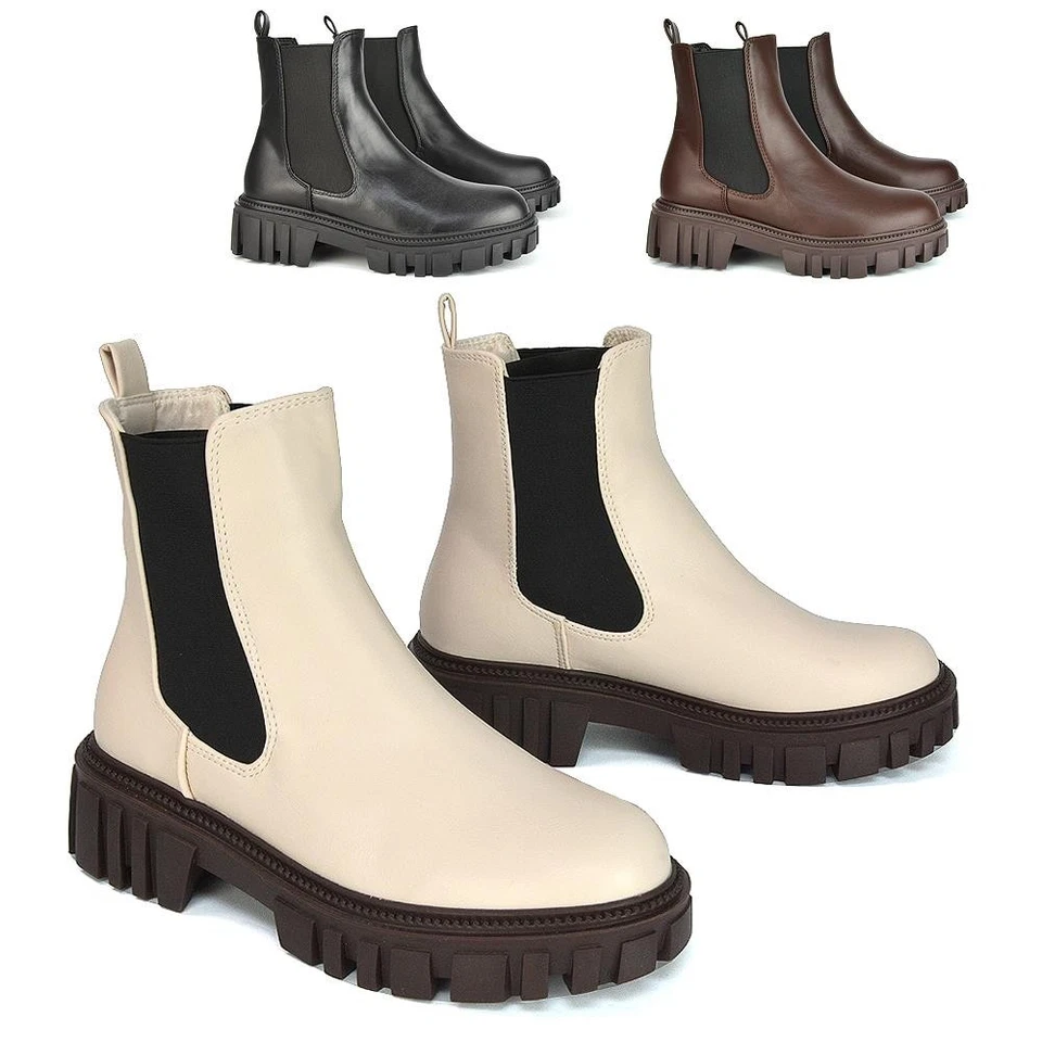 ESSEX GLAM Womens Ankle Boots Ladies Chunky Grip Sole Elasticated Chelsea Biker Booties
